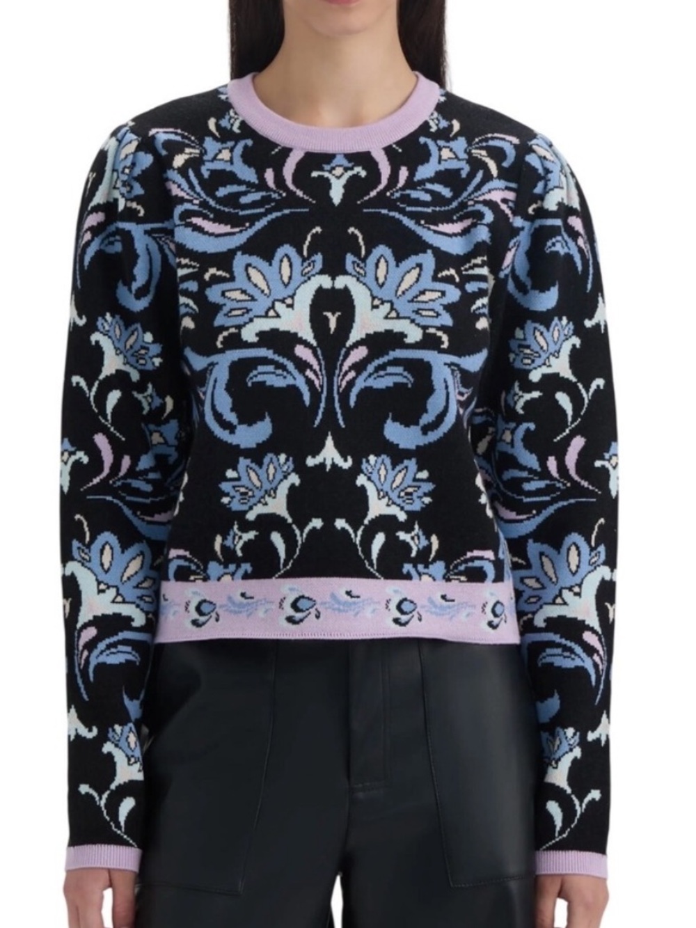 NVLT Anthropologie Jacquard Crewneck Sweater in Black, Light Lavender Sz S NWT